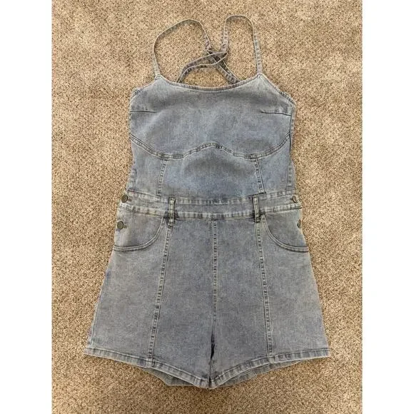 SHEIN Denim Romper Lace Up Back Large - Picture 1 of 6